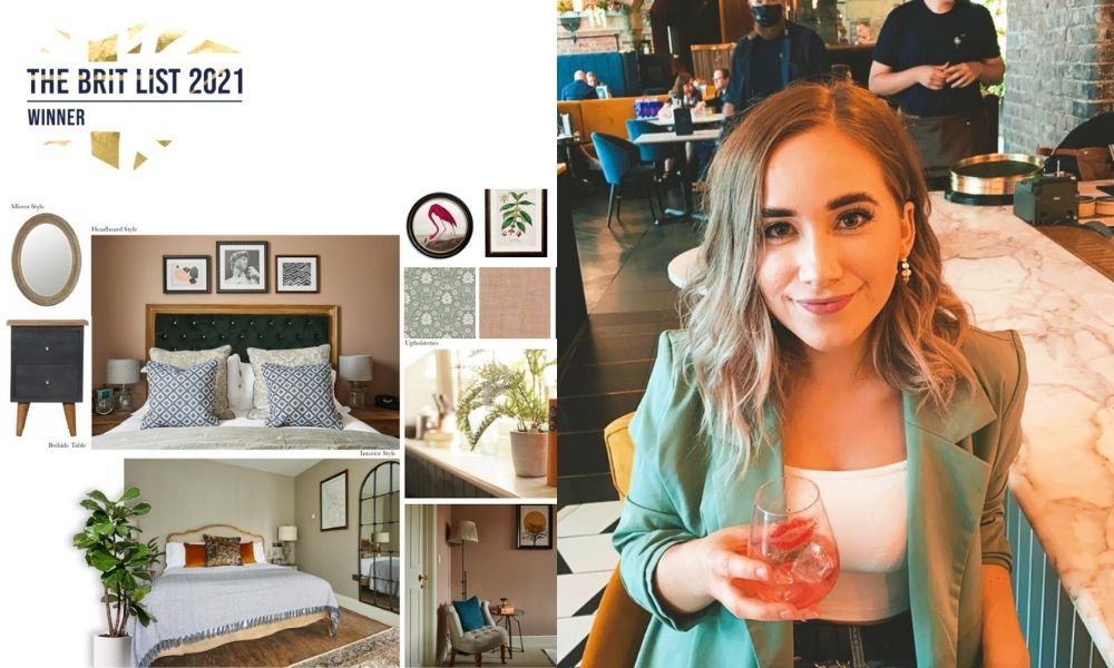 A design moodboard and image of Sophie Sheppard, The Rising Star Award winner of 2021