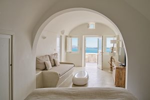white interior and blue sea at Kanava hotels greek island resort