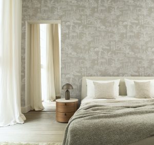 bedroom in neutral tones and natural textures with walpaper Le Mythe by Arte