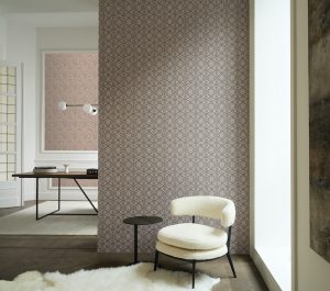 Cream sheepskin carpet and neutral tones with wooden surfaces with Arte Le Prestige wallcovering