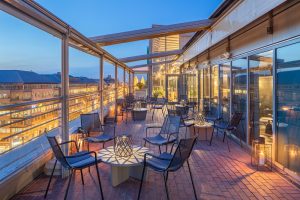 Roof terrace overlooking the Budapest skyline
