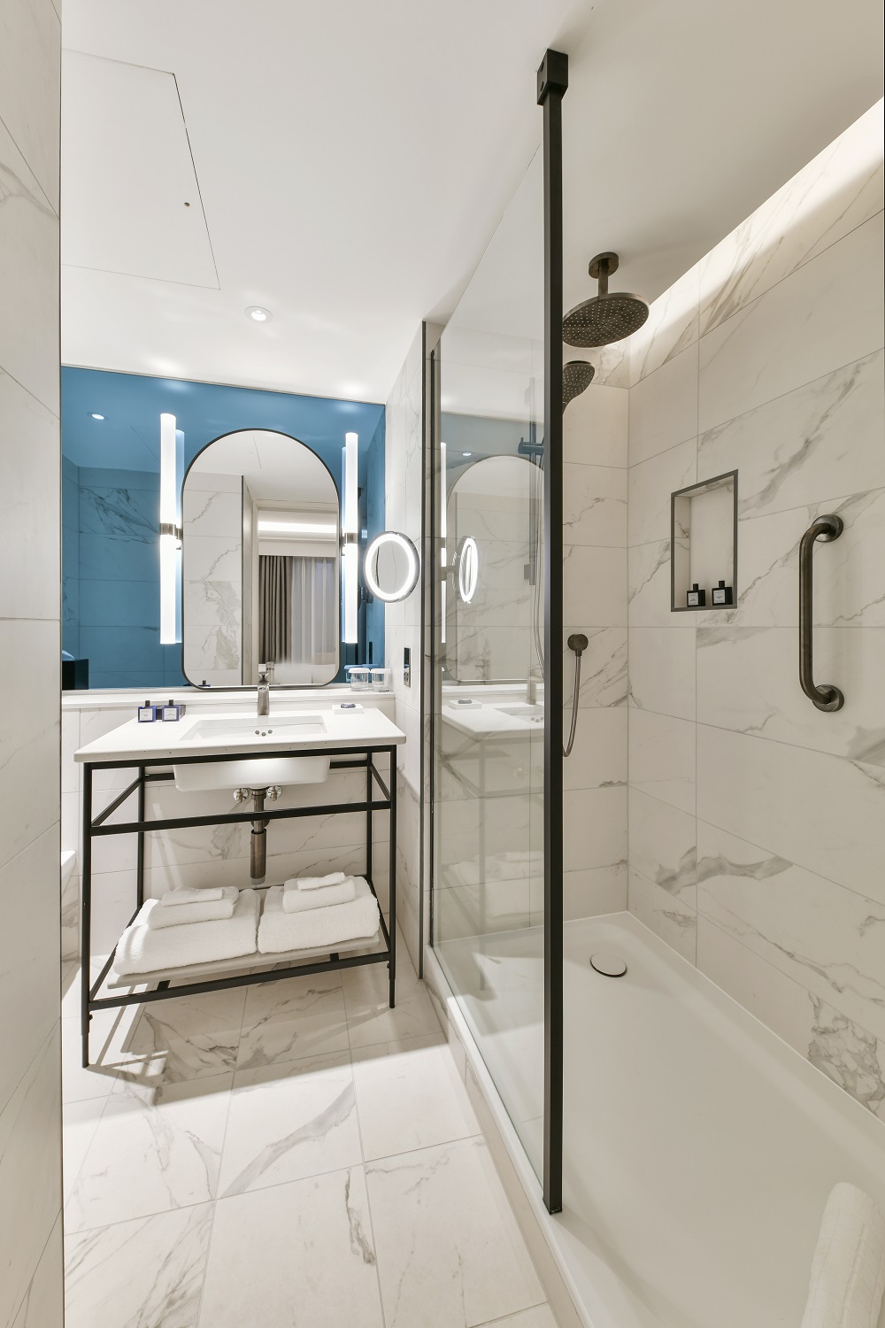 contemporary bathroom in blue and white