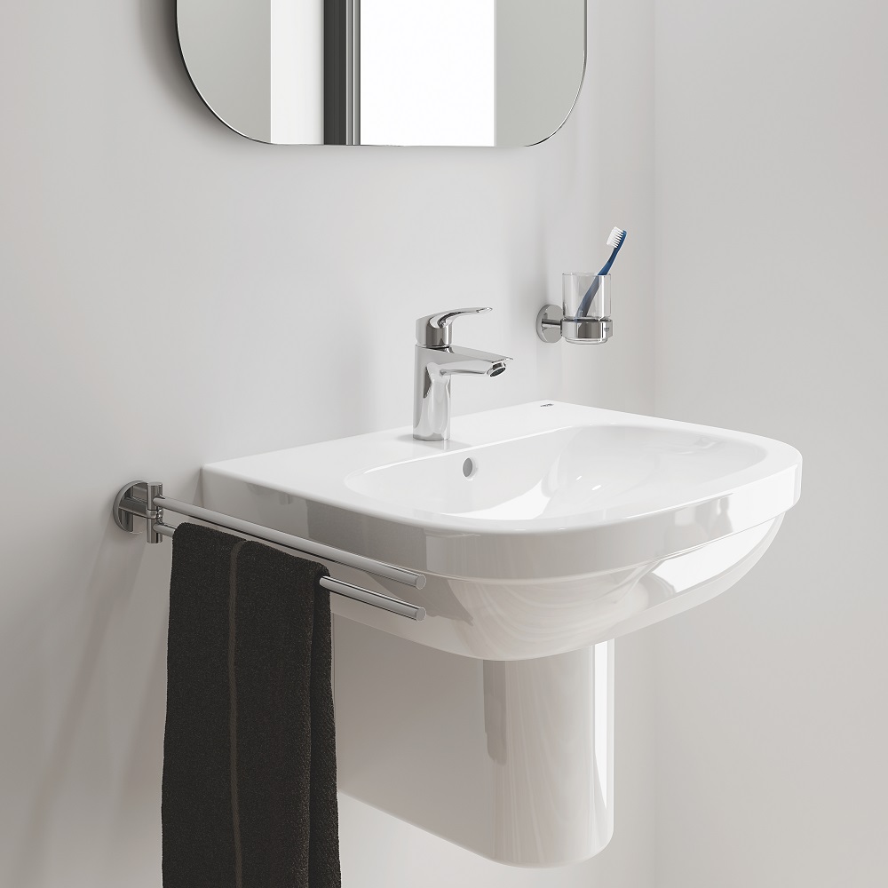 contemporary bathroom in neutral colours with white basin by GROHE