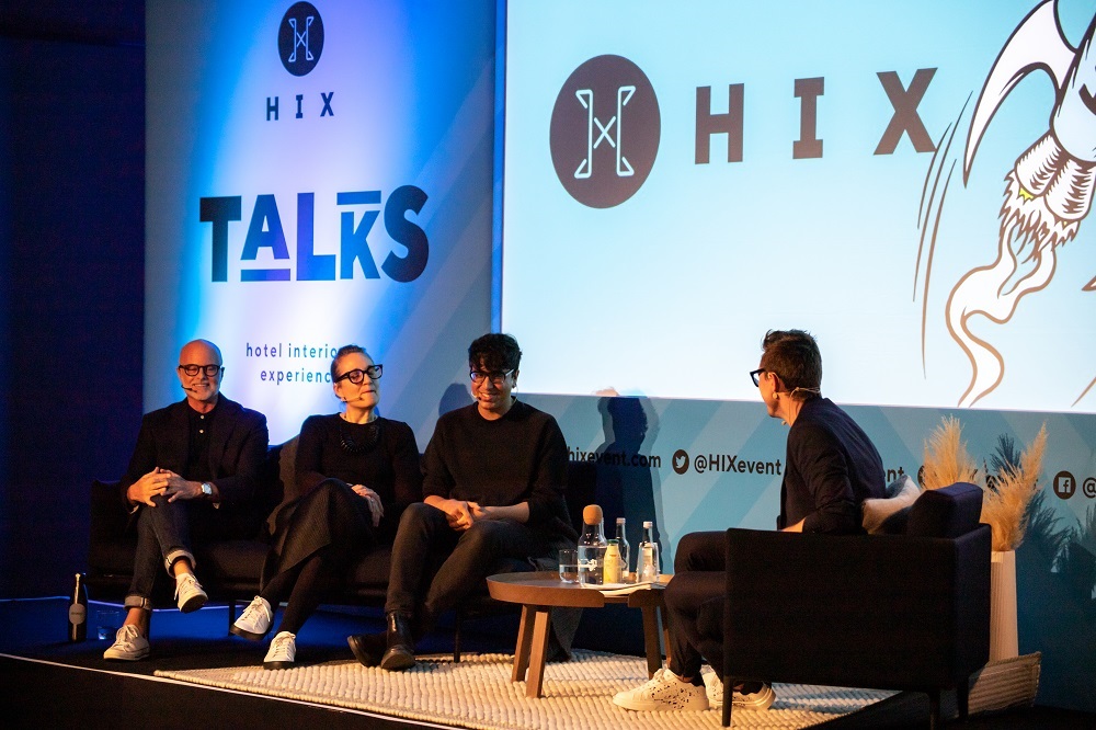 Image caption: Editor Hamish Kilburn speaking to Balkaran Bassan (Areen Design), Tina Norden (Conran and Partners) and Vince Stroop (stroop design) about their WFHotel concepts | Image credit: HIX