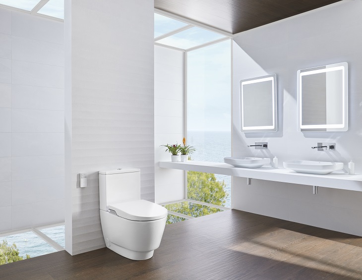 modern white bathroom showcasing the in-wash nova by roca