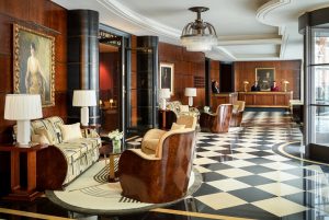 art deco hotel lobby with wood panelling at the beaumont hotel