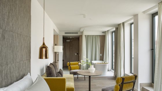 A contemporary suite with brushed gold lighting and bath in room