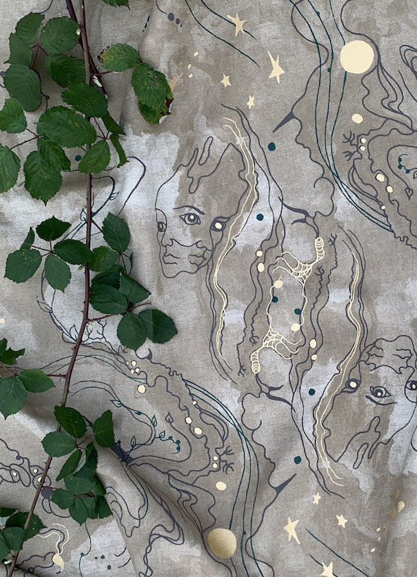 Close up ‘Metamorphosis’ linen union collection, a mysterious and dream-like design was created in collaboration with artist Kirsty Greenwood and The Monkey Puzzle Tree. | Image credit: The Monkey Puzzle Tree