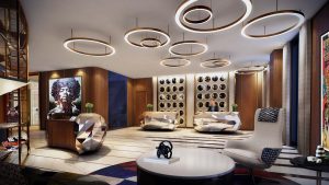 hard rock hotel new york lobby contemporary design with blue accents and music memorabilia