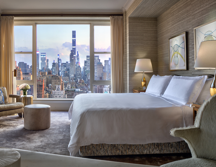 New York hotel bedroom, overlooking Manhattan from The Carlyle
