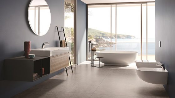 contemprary bathroom and freestanding bath with seaview