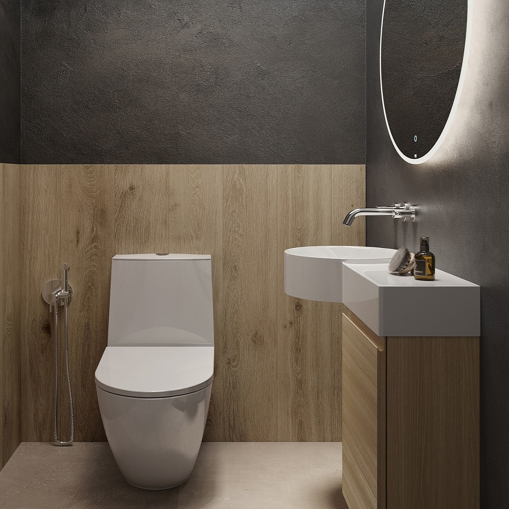 compact bathroom toilet and handbasin in white with wood finish RAK PETIT