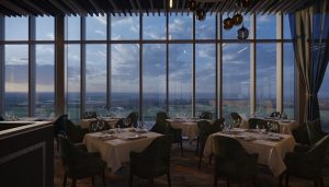 floor to ceiling windows in restaurant with views over milton keynes at hotel la tour