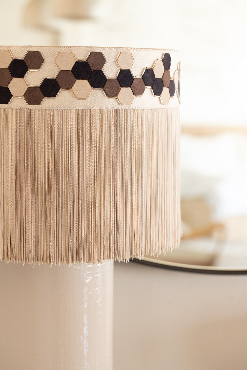 Brown and cream lampshade with fringeing and detail in Samuel and Sons Metamorphosis