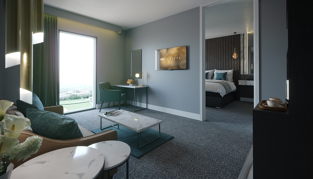 living room in hotel suite in muted tones of grey with wonderful views over milton keynes