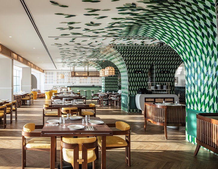 green tiled floor and ceiling in restaurant in hotel galei kinneret