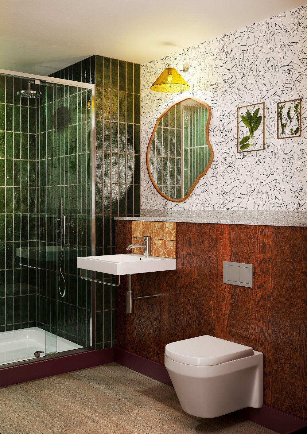 green tiles and wood panelling in room2 Chiswick bathroom