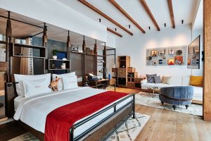 rustic interior in farmstay style guestroom at 25hours hotel in dubai