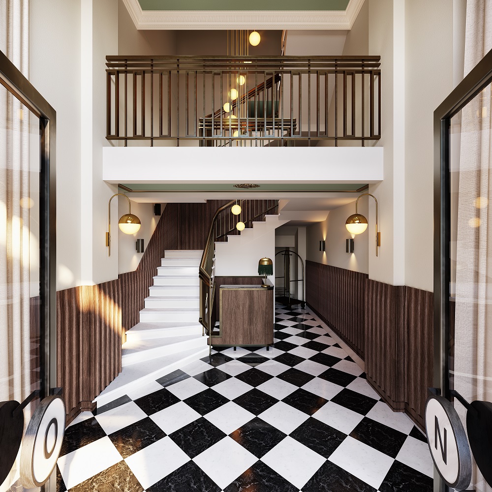 ON Residence art deco inspired entrance with black and white tiles