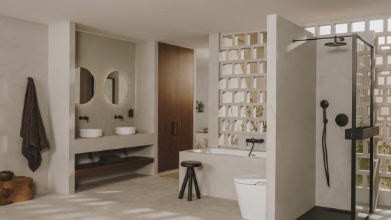 bathroom in natural materials featuring the Roca Ona range