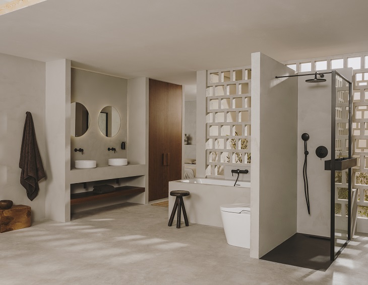 bathroom in natural materials featuring the Roca Ona range