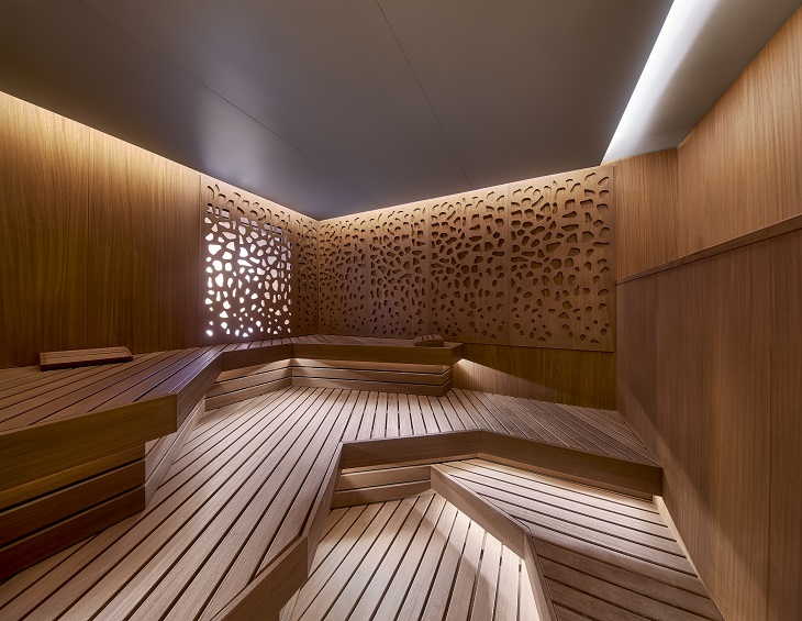 sculptural wooden sauna detail at six senses spa kokatas mansions