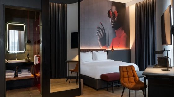 Radisson guestroom with dramatic black and red decor at Radisson RED Rosebank south Africa