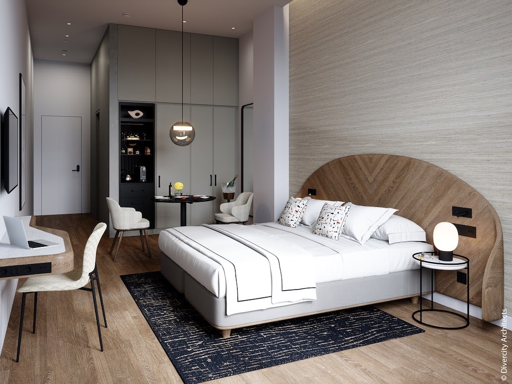 Representación de una habitación de huéspedes moderna y contemporánea con cabecera de madera y una combinación de colores azul, marrón y crema