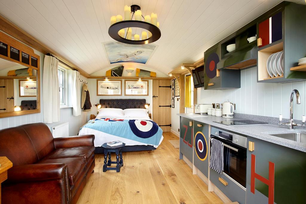 Image caption: Each interior design scheme has been themed to celebrate the locality of the farm, such as Fenton, my hut, which is a nod to RAF Church Fenton. | Image credit: Harrison Spinks