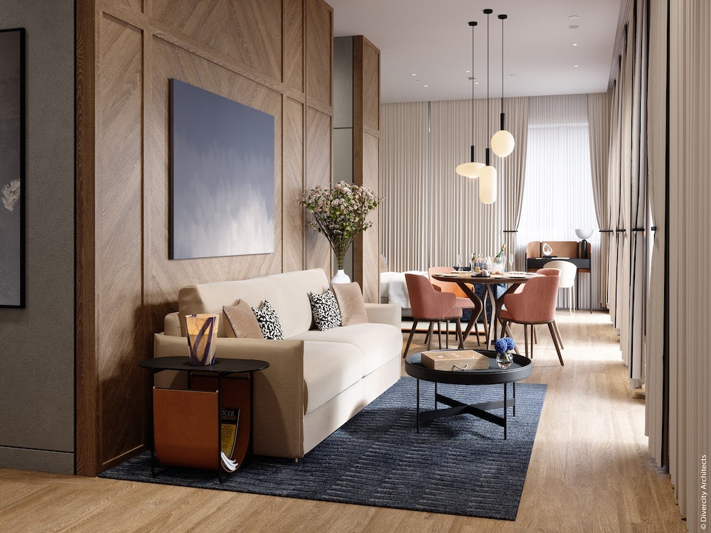 Una representación de un salón de suite moderno y contemporáneo con una combinación de colores azul, marrón y crema