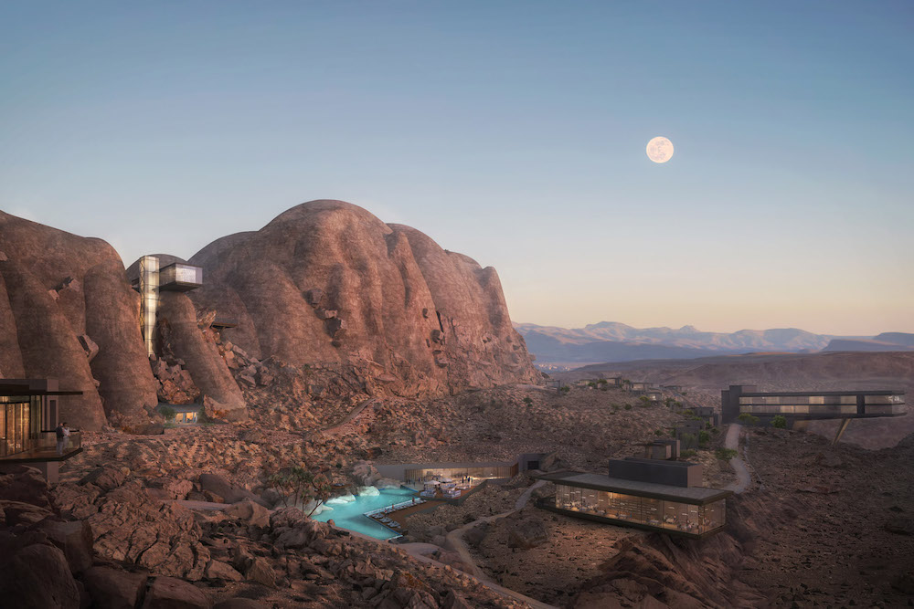 Image caption: A render of a resort in the Middle East, in the desert.