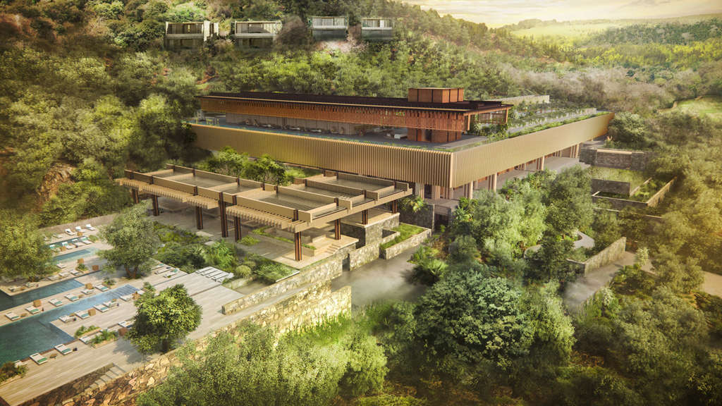 Render of the exterior of Four Seasons Tamarindo, nestled within greenery