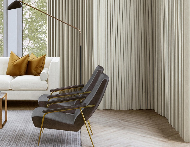 Sekers Grandeur fabric as dramatic full length curtains