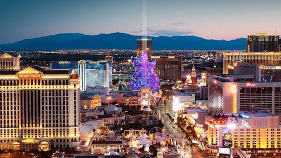Render of Las Vegas skyline with guitar-shaped Hard Rock Hotel