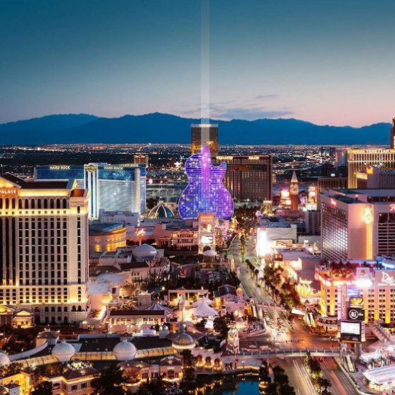 Render of Las Vegas skyline with guitar-shaped Hard Rock Hotel