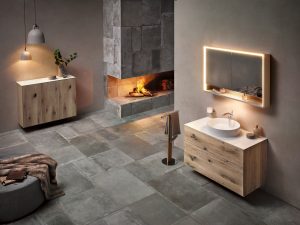 bathroom furniture and natural wood fixtures in a contemporary bathroom