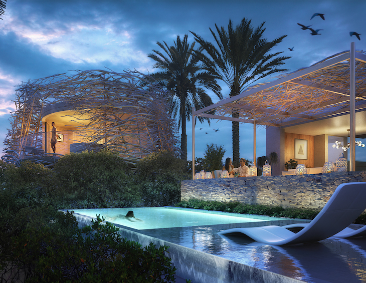Render of lady in nest-like space in front of an outdoor pool and modern villa