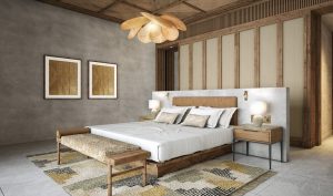 coastal bedroom designed using net zero principles and sustainable materials