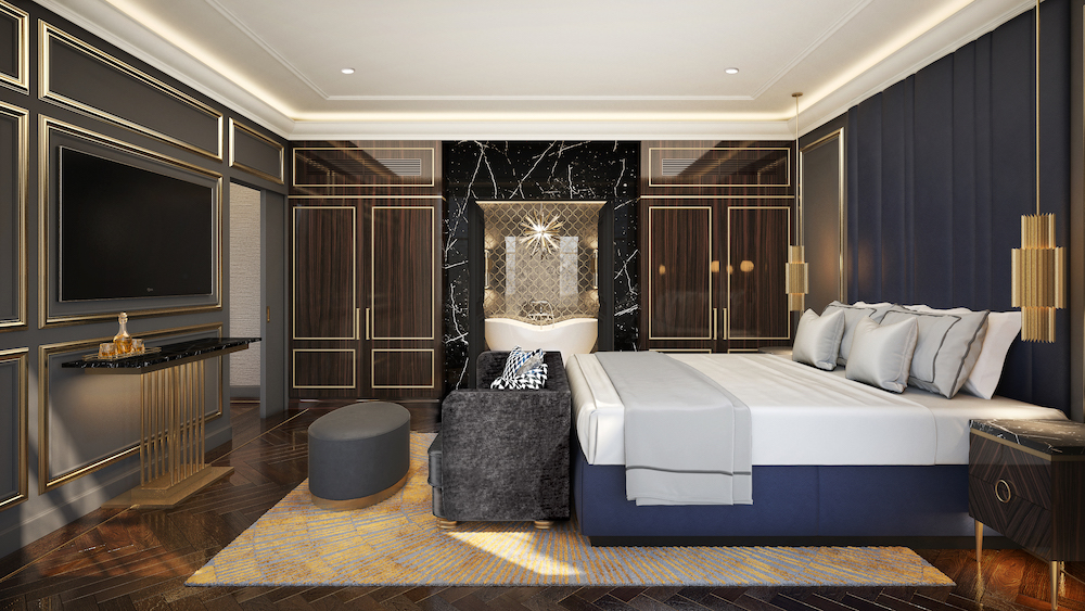 Dormitorio de la suite presidencial dentro de The LaSalle en Chicago, que incluye un esquema de diseño moderno con colores azul rish y dorado cepillado.
