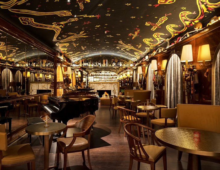 painted ceiling and artwork in the bar at Rosewood Sao Paulo Brazil