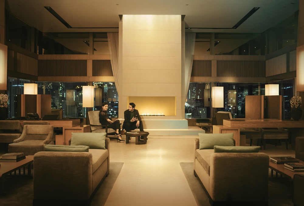 fireplace and lounge area in the Upper House in Hong Kong