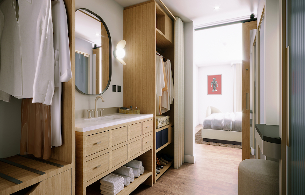 Render of modern hotel bedroom inside Virgin Hotels Glasgow