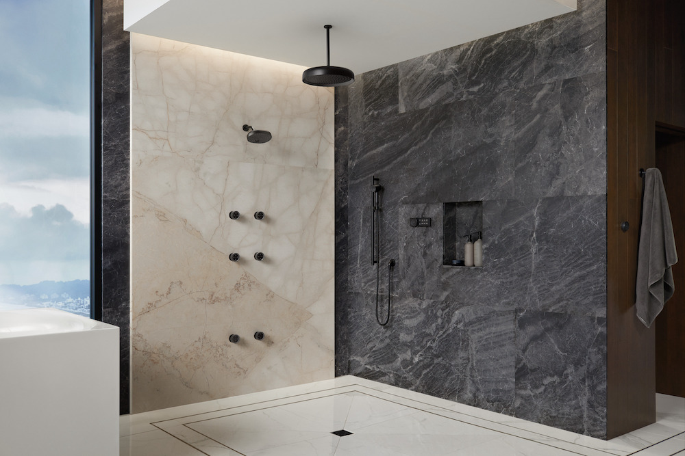 Matt Black modern shower in contemporary bathroom. Products supplied by Kohler