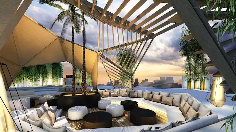 A render of a rooftop lounge area at Hilton Bahrain