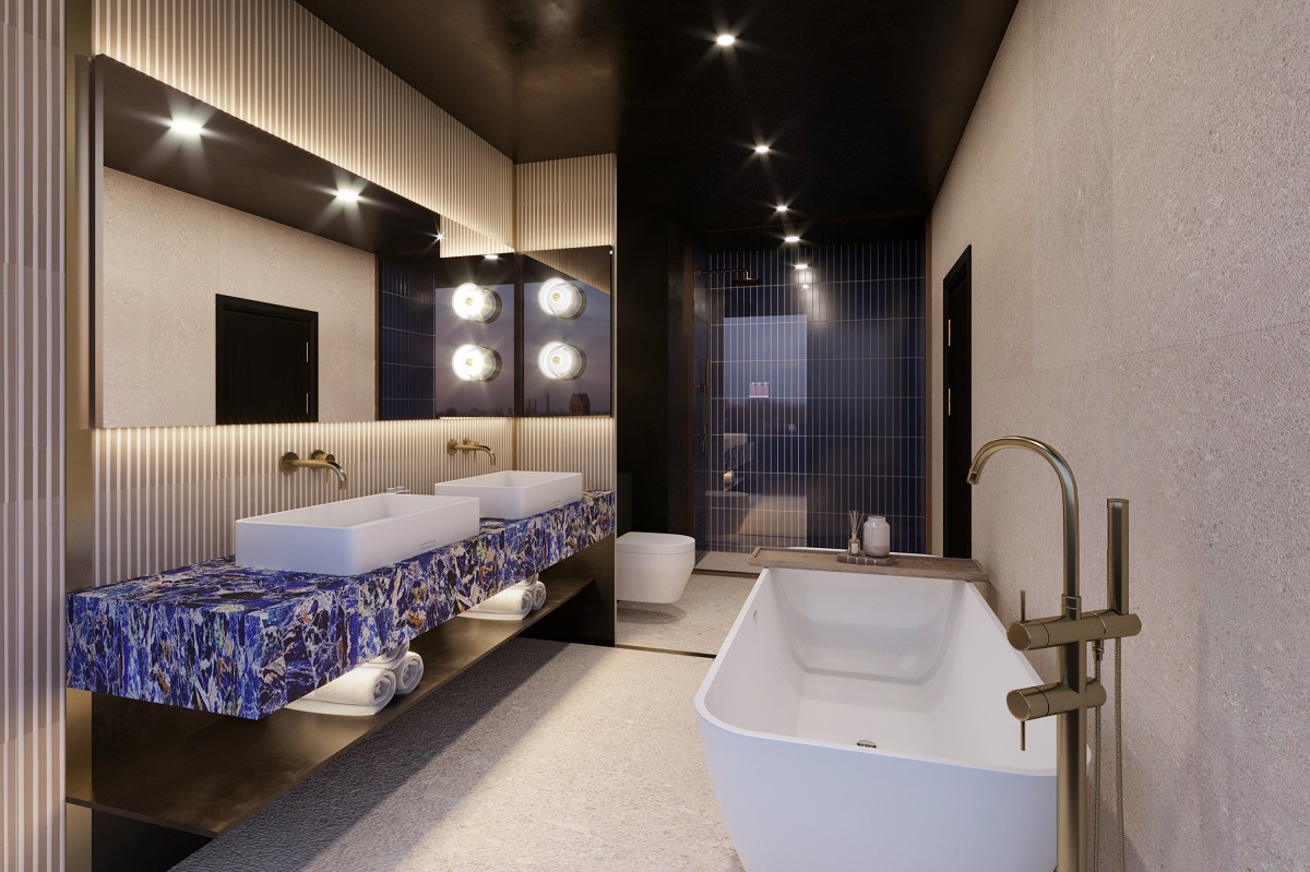 blue marbled surfaces and square fittings in the bathroom at The Tribe