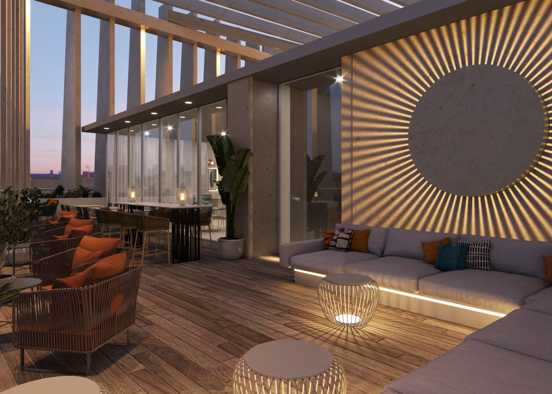 Tribe hotel Malta roof terrace with relaxed seating and graphic lighting details
