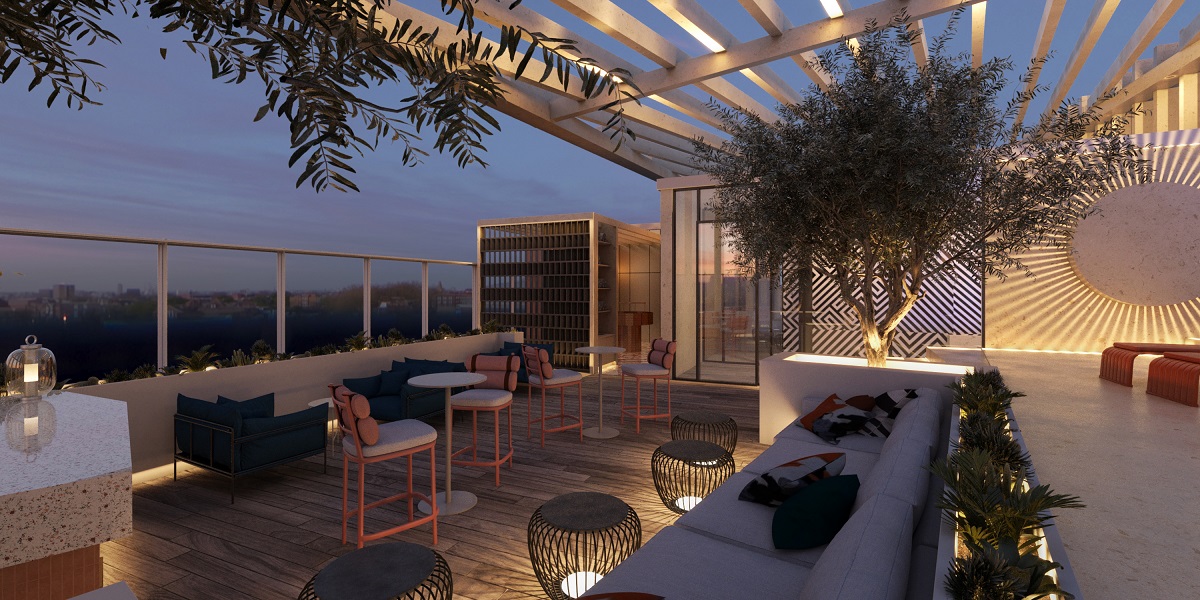 roof terrace with low seating and statement lighting 