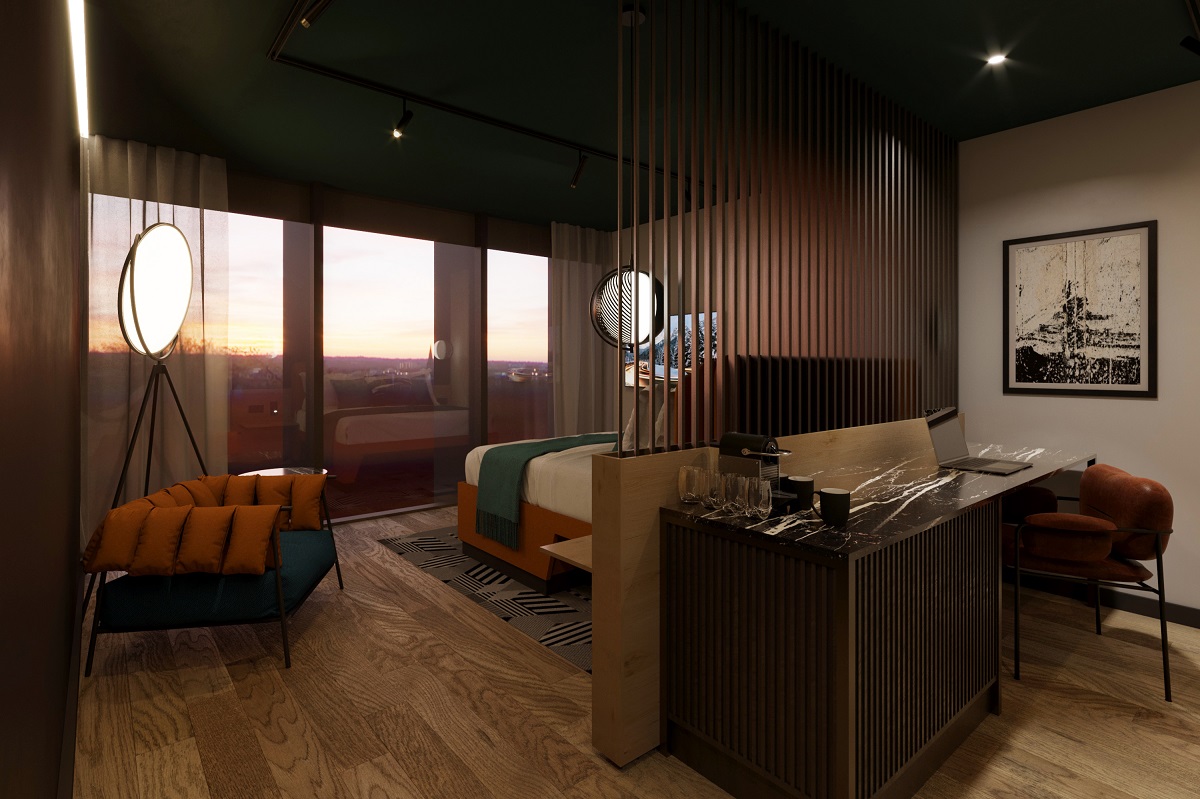 a guestroom with a panoramic city view at The Tribe in malta with contemporary furniture and lighting