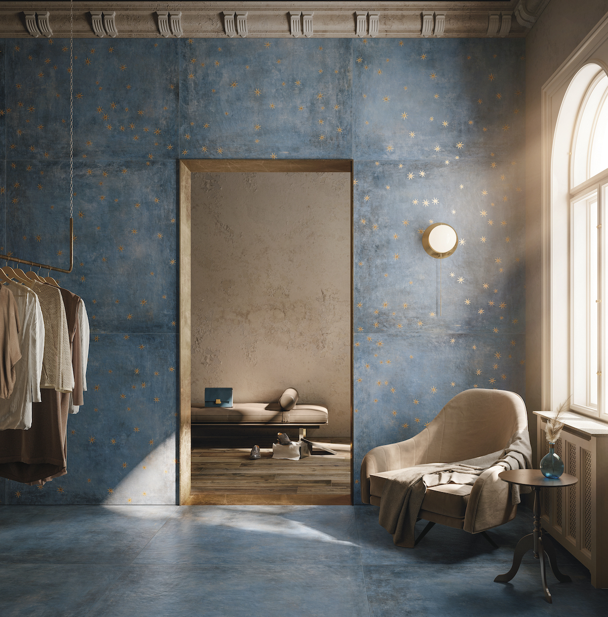 A blue wallpaper inside a bedroom