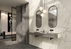 A marble-like bathroom with grey and white sink